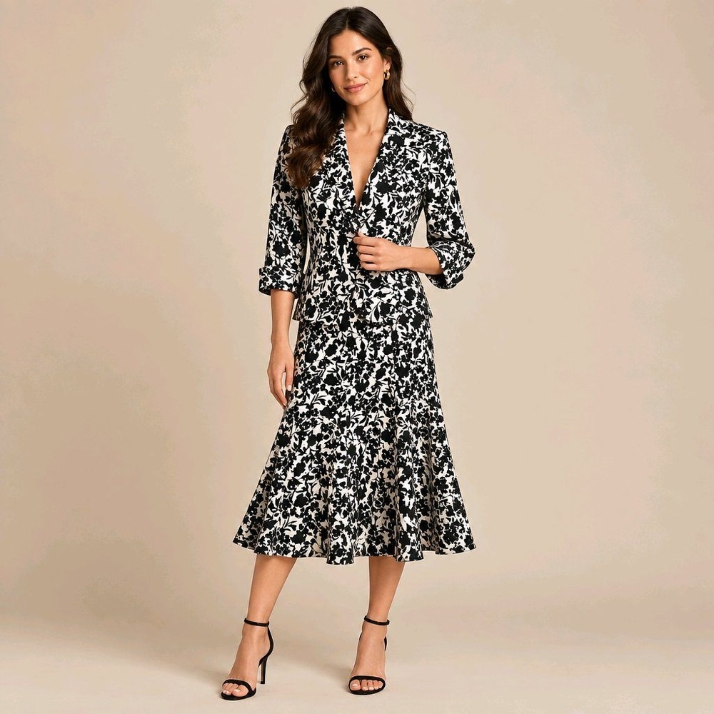 Apostrophe Size 4 Floral Skirt Suit Black White Cotton Stretch Set